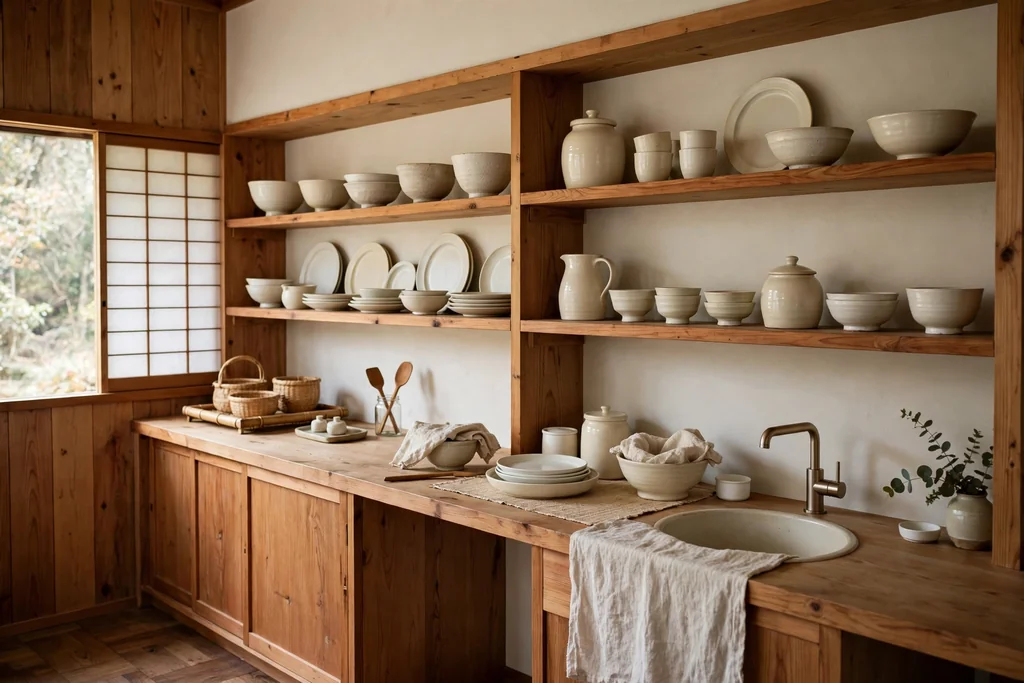 Japanese kitchen with open wood shelves holding white and cream ceramics.