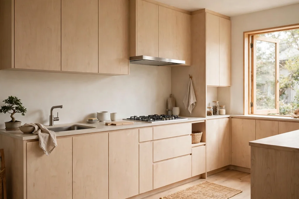 Japanese kitchen with pale wood flat-front cabinets and a plain counter in daylight.