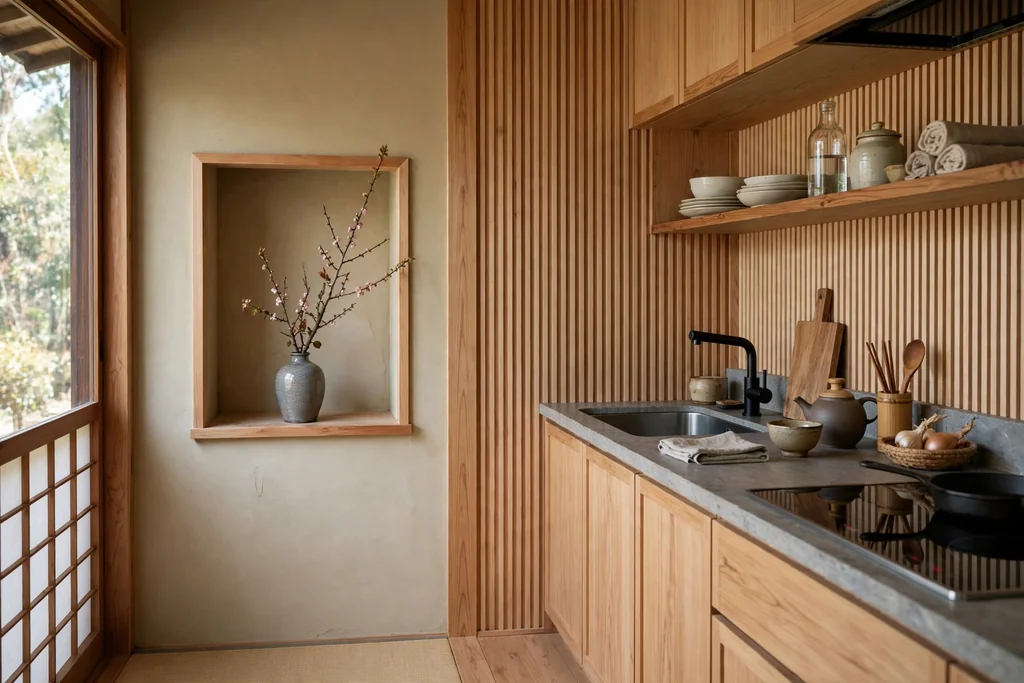 Japanese kitchen with a small display alcove shelf holding one vase with a branch.