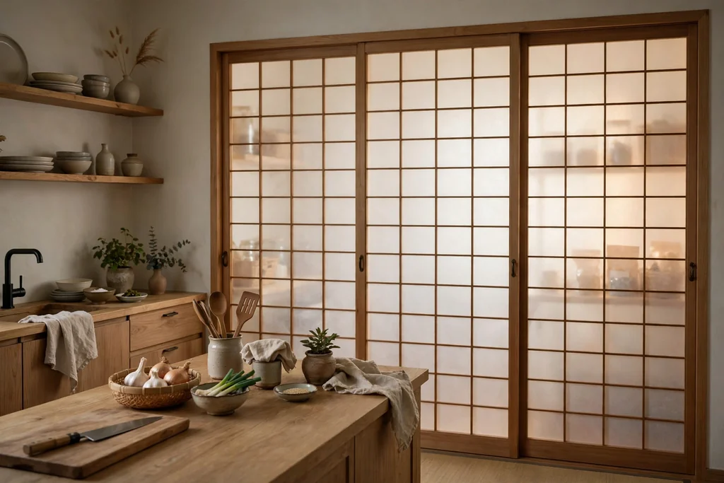 Japanese kitchen with shoji style sliding panels screening a pantry in soft light.