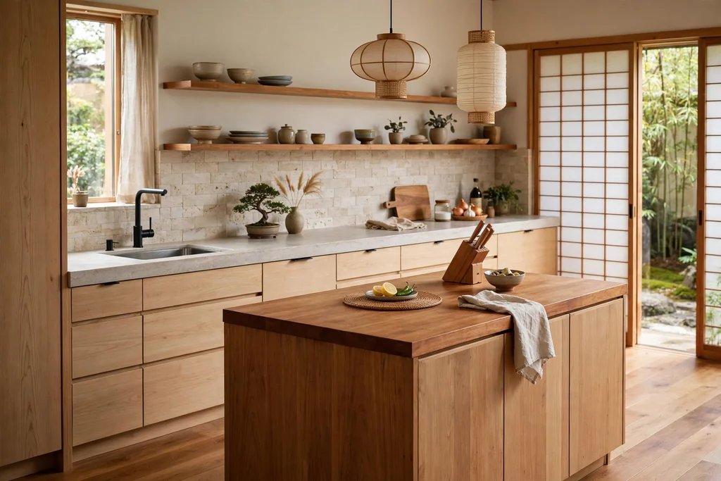 Japanese kitchen with a pale stone counter run and a warm wood island top.