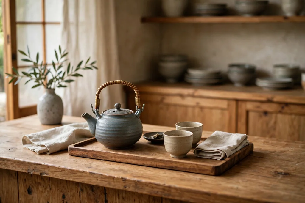 Japanese kitchen tea corner with a teapot, cups, and a tray on a wood counter.