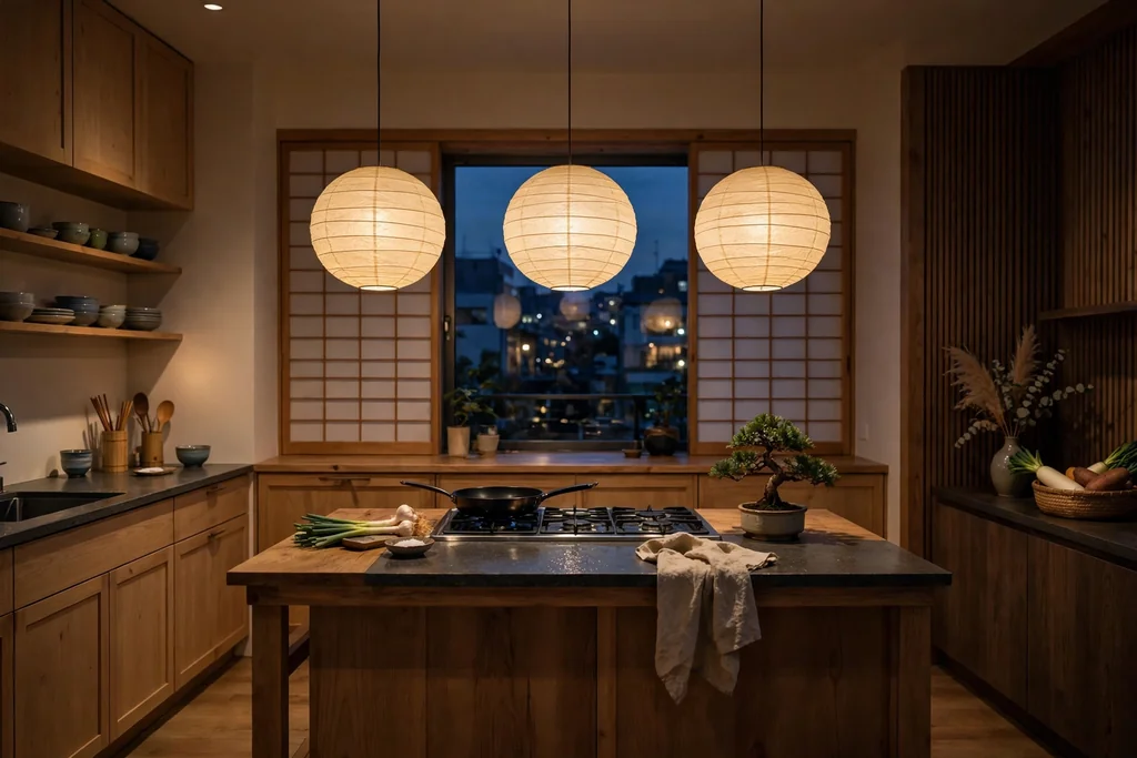 Japanese kitchen in the evening with round washi paper pendant lights over an island.