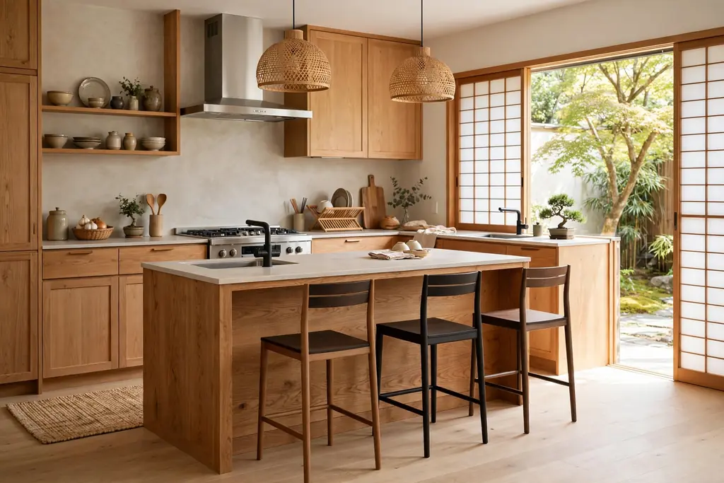 Japanese kitchen with a warm wood island and slim stools in daylight.