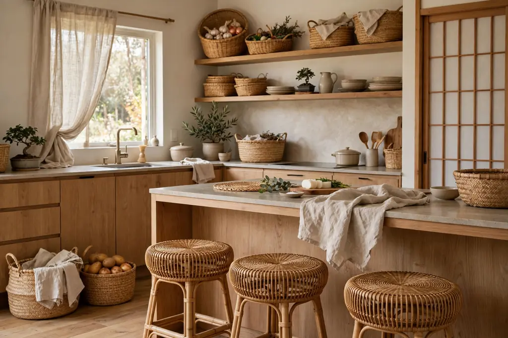 Japanese kitchen with linen, rattan stools, and woven baskets adding warm texture.