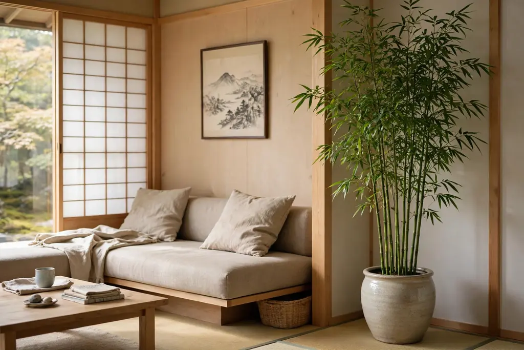Tall potted bamboo plant in a ceramic pot in the corner of a calm Japanese living room beside a low sofa.