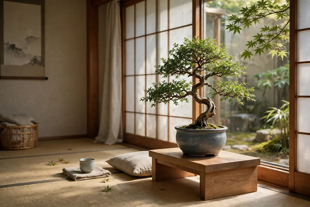 Small bonsai tree in a ceramic pot on a wooden stand beside a window in a calm Japanese living room.
