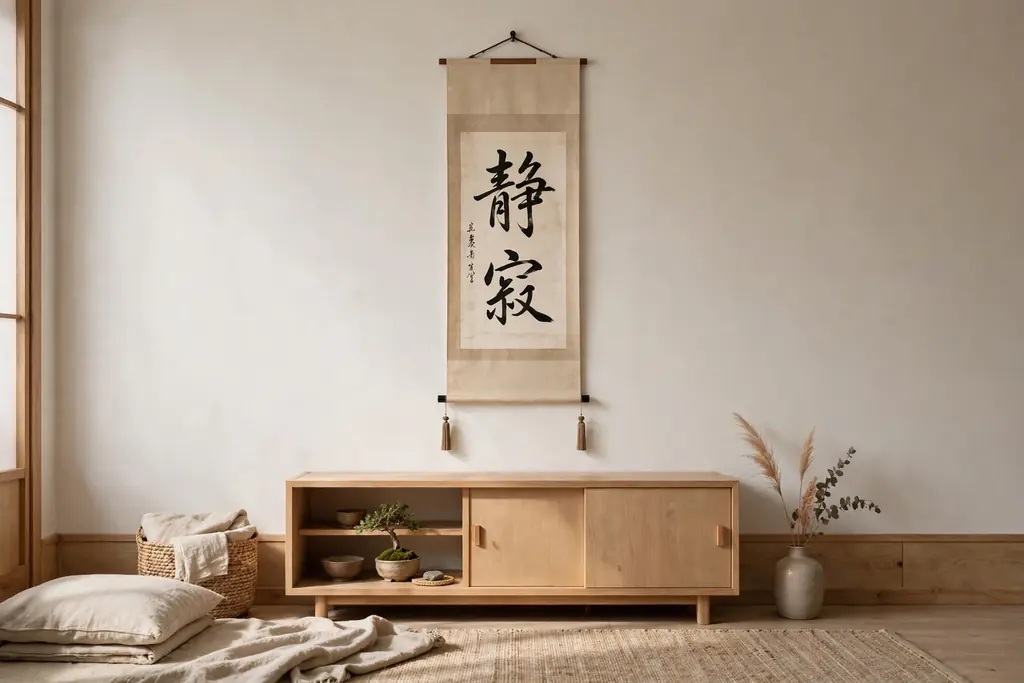 Japanese living room with a vertical calligraphy scroll hanging on a plain wall above a low wooden cabinet.