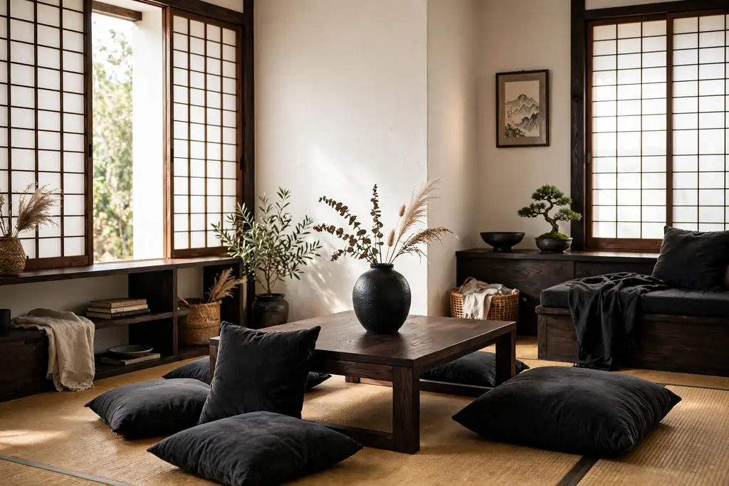 Japanese living room with charcoal black cushions, a black ceramic vase, and dark wood accents against warm white walls.