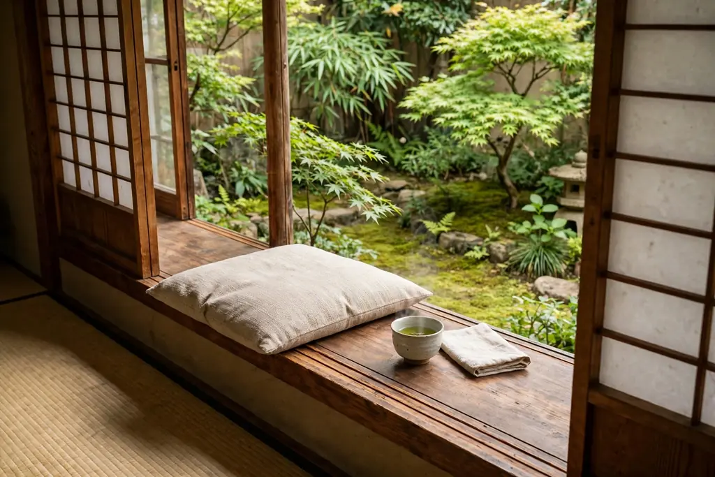 Japanese living room window seat on a wooden veranda edge looking out to a small green garden.