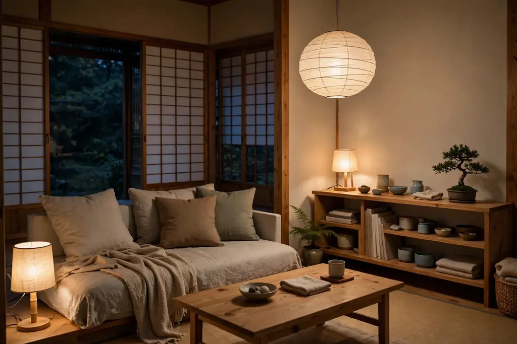 Calm Japanese living room in the evening with low lamps, a low sofa, a paper light, and a tidy wooden shelf.
