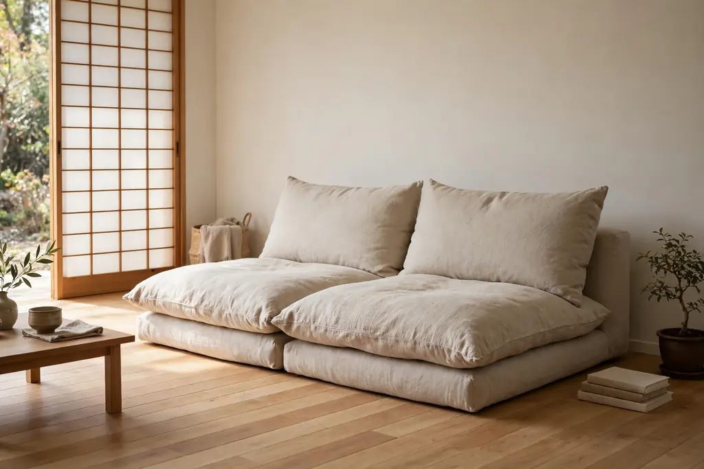 Low floor sofa with thick cushions sitting close to the floor in a calm Japanese living room.