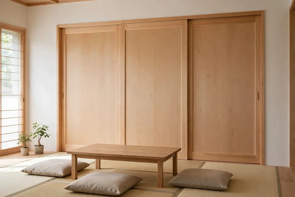 Japanese living room with plain sliding wooden closet doors closed, with a tidy low seating area in front.