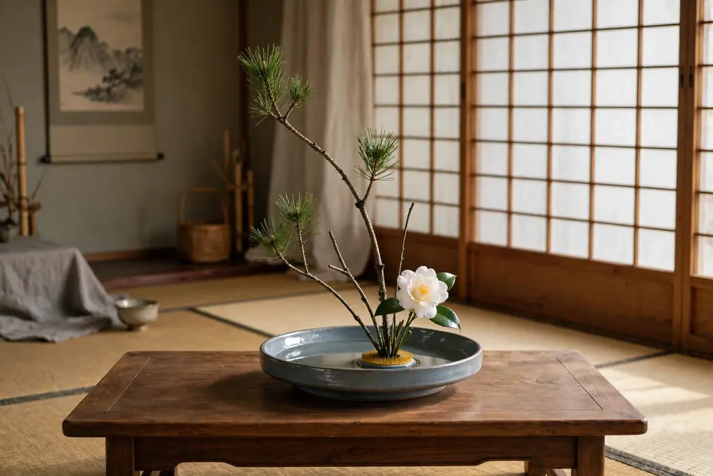 Simple ikebana flower arrangement with a few branches and one flower in a shallow ceramic dish on a wooden table.