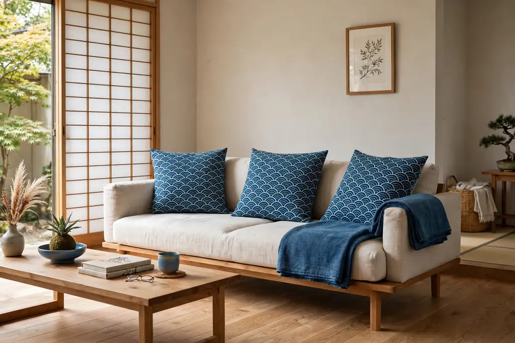 Japanese living room sofa with indigo blue patterned cushions and a folded indigo throw.