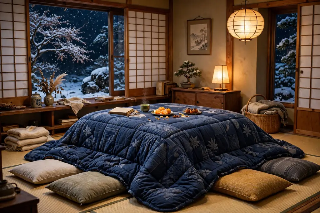 Cozy Japanese living room with a low kotatsu table covered by a thick quilt blanket and floor cushions.