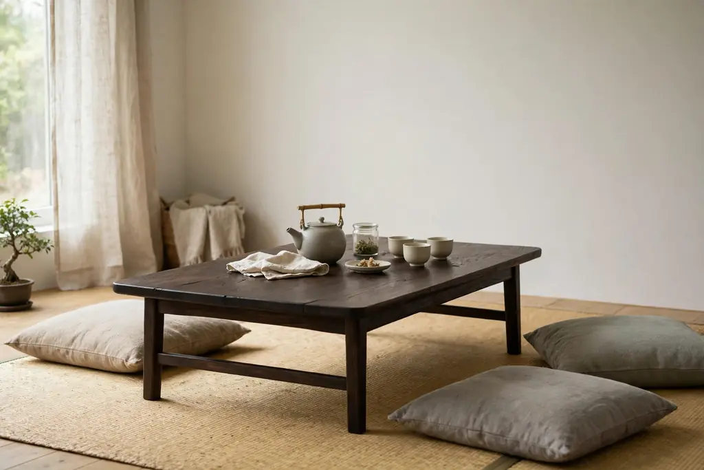 Low dark wooden Japanese coffee table in a calm living room with floor cushions and a tea set.