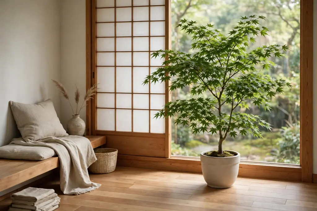 Japanese living room corner with a potted Japanese maple in a simple pot beside a window.