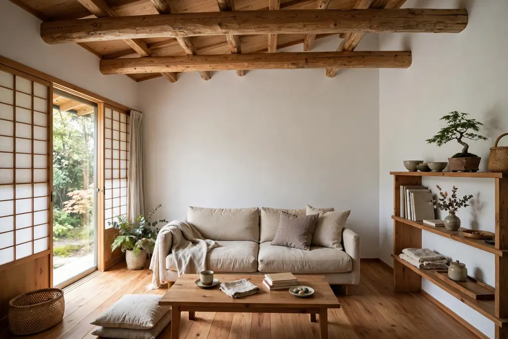 Japanese living room with exposed natural wood beams, wood floor, plain white walls, and a low sofa.