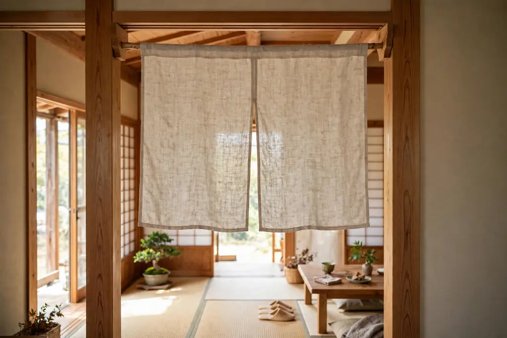 Japanese living room doorway with a short split noren fabric curtain in natural linen hanging from a wooden rod.