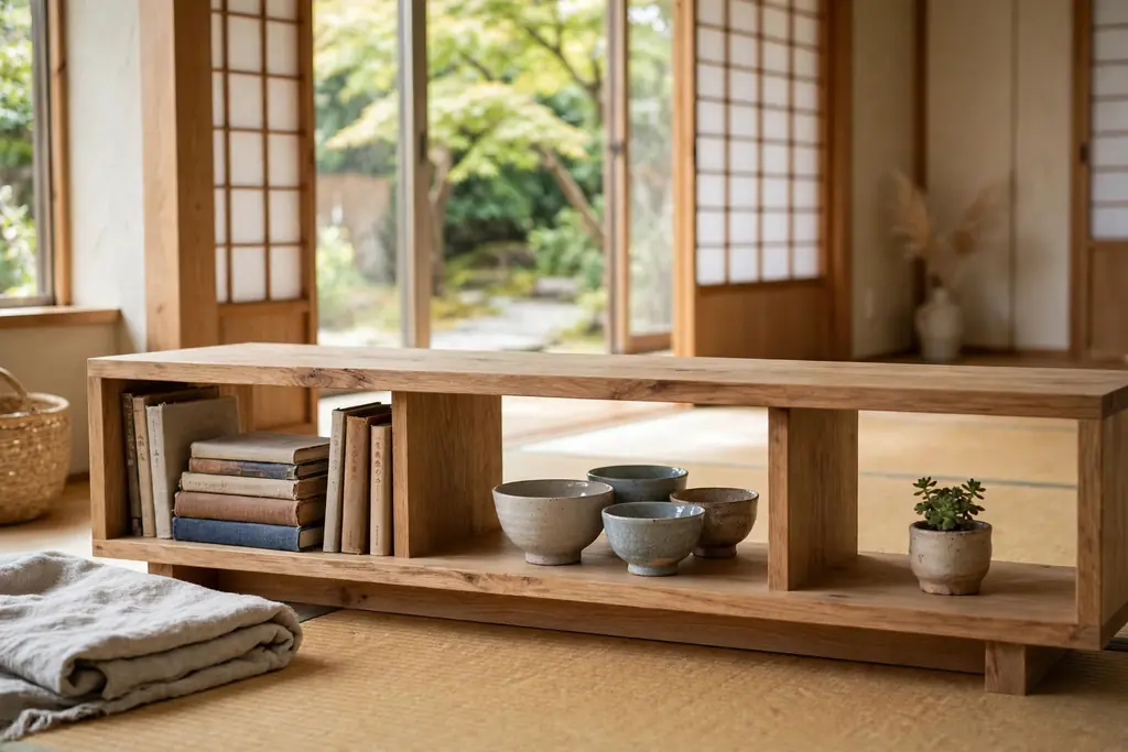 Low open wooden shelves in a Japanese living room holding books, ceramic bowls, and one small plant.