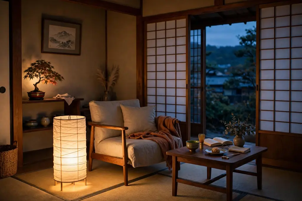 Japanese living room corner at dusk with a glowing paper floor lantern beside a low armchair.