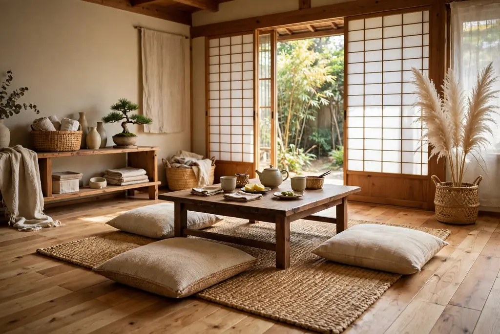 Japanese living room with a woven rush rug under a low wooden table and floor cushions.