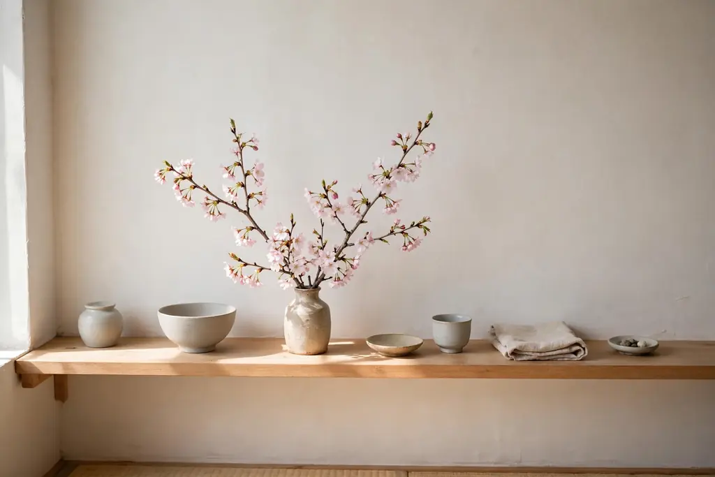 Japanese living room shelf with a small seasonal display of cherry blossom branches in a vase.