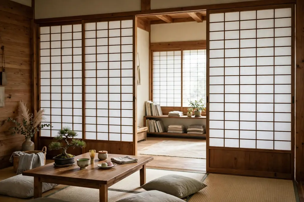 Japanese living room with wooden shoji sliding screens with translucent paper panels dividing the room.