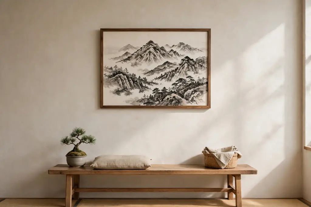 Japanese living room wall with a framed black ink sumi-e painting of mountains above a low wooden bench.