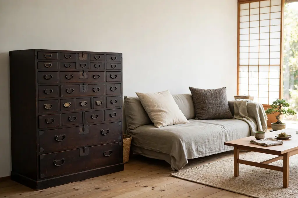 Japanese living room with a dark wooden tansu chest with small drawers and iron handles beside a low sofa.
