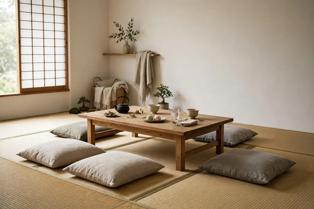 Japanese living room seating zone on woven tatami mats with low floor cushions and a low wooden table.