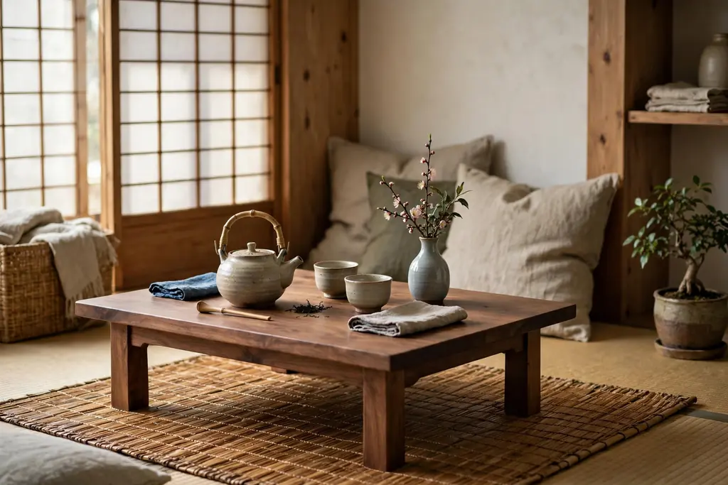 Quiet Japanese tea corner in a living room with a low table, ceramic teapot and cups, and a bamboo mat.