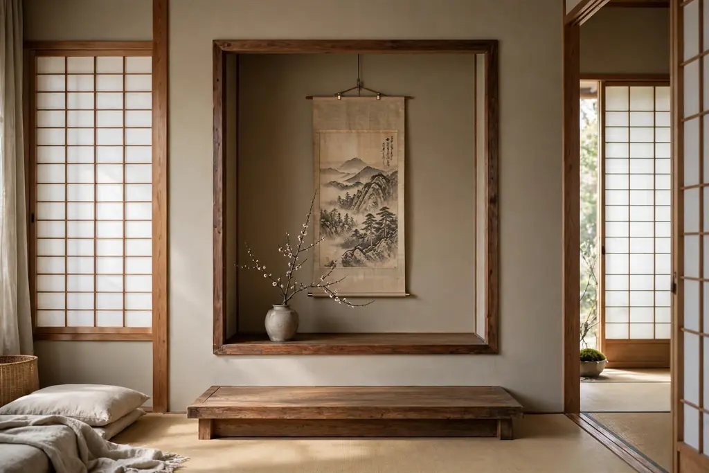 Japanese living room tokonoma alcove with a hanging scroll, a simple vase with one branch, and a low wooden platform.