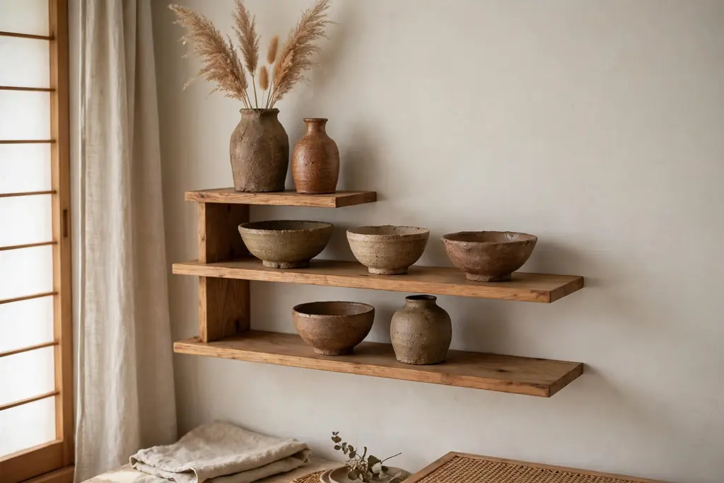 Wooden shelf in a Japanese living room displaying handmade rustic ceramic bowls and vases in earth tones.