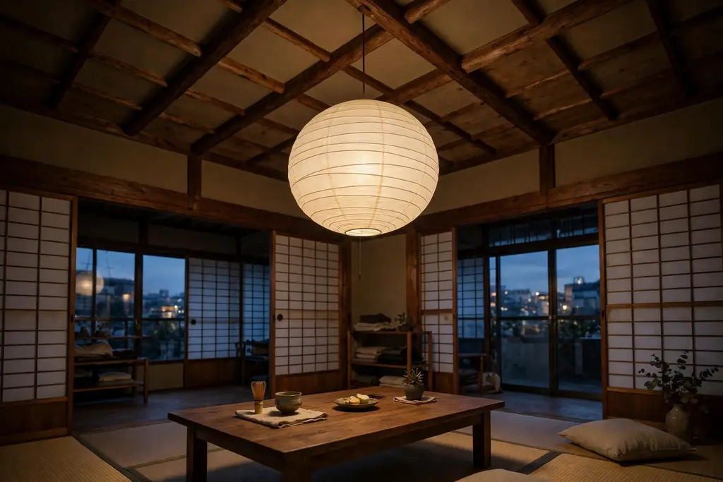 Japanese living room ceiling with a round white washi paper pendant light glowing softly over a low wooden table.