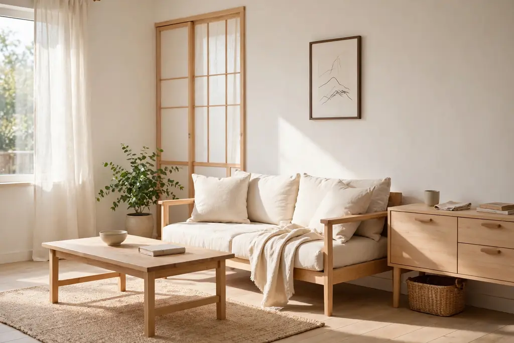 Japanese living room with warm white walls, light wood floor and furniture, and cream sofa cushions.