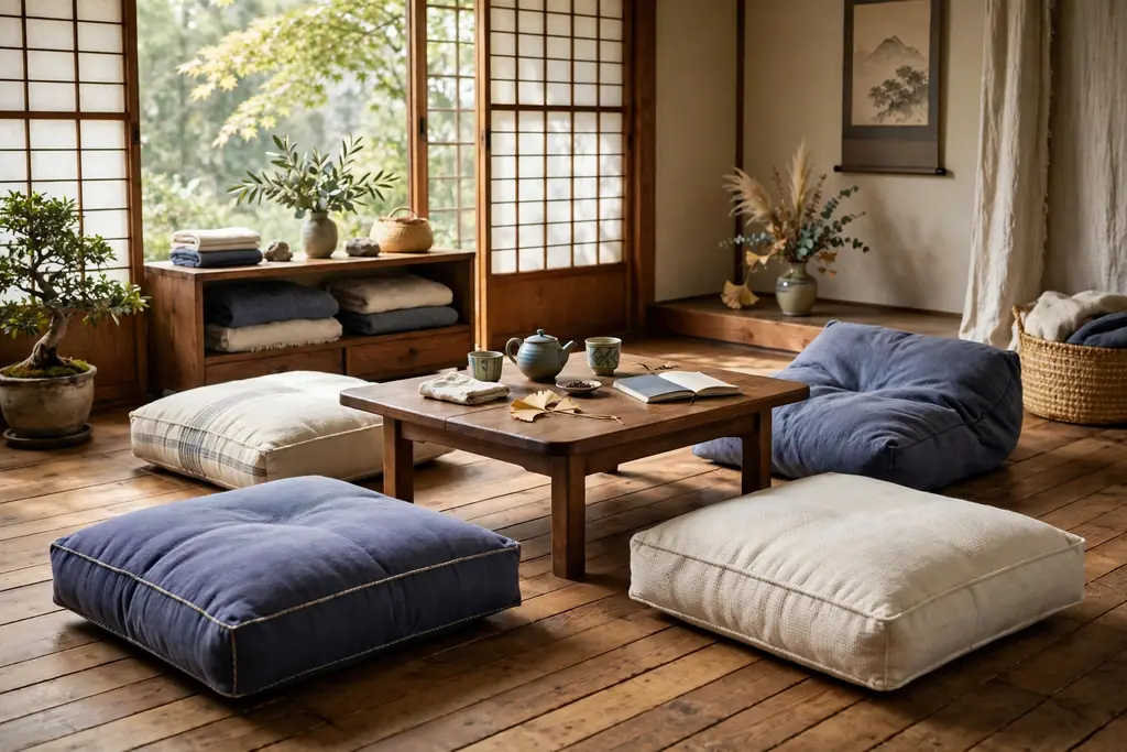 Japanese living room with thick zabuton floor cushions in muted indigo and cream around a low table.