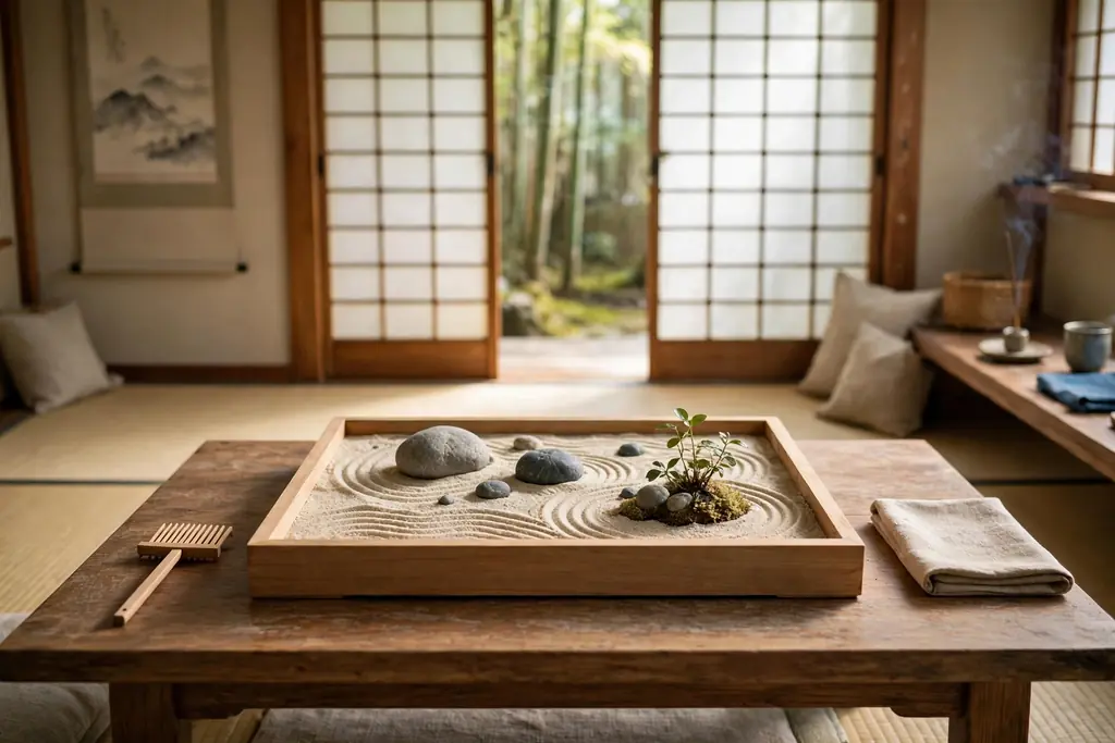 Small tabletop zen garden tray with raked sand, smooth stones, and a tiny plant on a low wooden table.