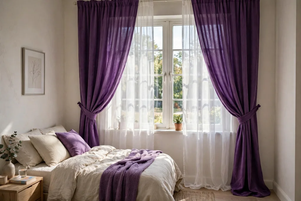 Bedroom window with amethyst curtains layered over white sheer curtains