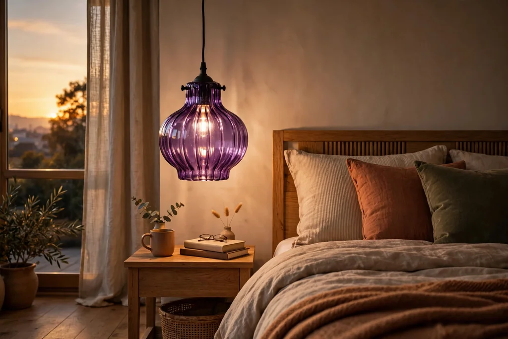 Bedroom with an amethyst glass pendant light hanging beside the bed