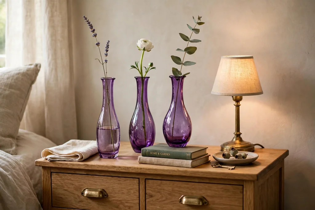 Nightstand with amethyst glass vases holding single stems