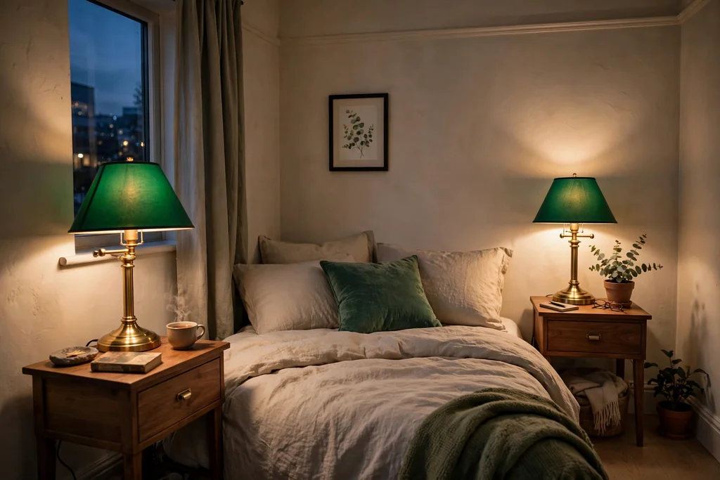 Bedside nightstands with brass lamps and emerald shades