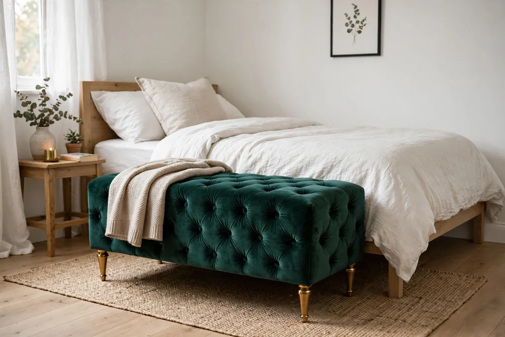 Emerald velvet storage bench at the end of a bed with brass legs