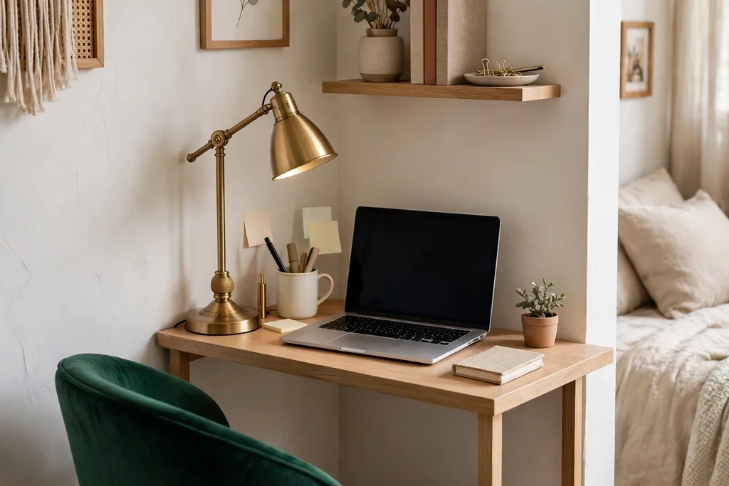 Small bedroom desk nook with an emerald chair and a brass lamp
