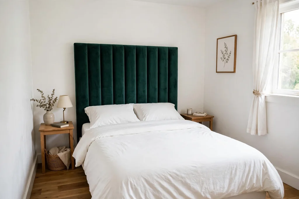 Small bedroom with a tall emerald velvet headboard and plain white bedding
