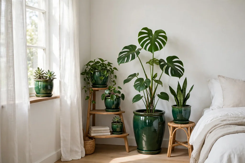 Bedroom corner with plants in emerald glazed pots at different heights