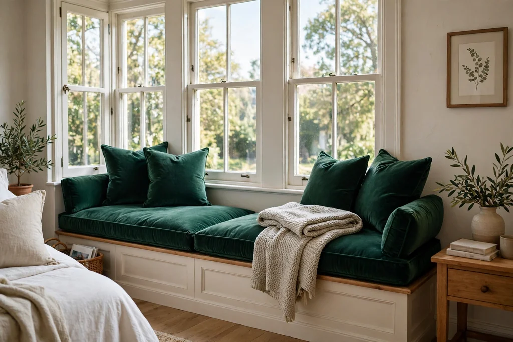 Bedroom window seat with deep emerald cushions and a folded throw