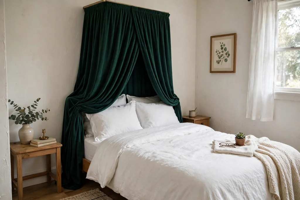 Bed with a half canopy in deep emerald fabric over the head end