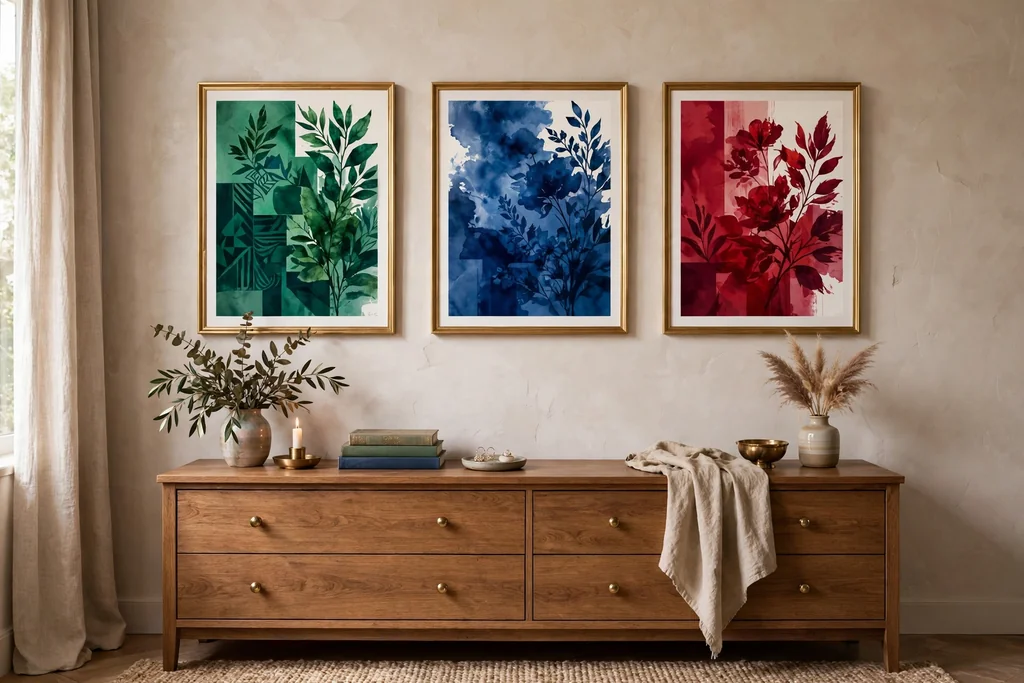 Dresser wall with framed jewel tone art prints in matching frames